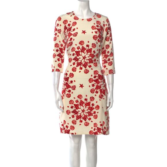 Samantha Sung Red & Ivory 100% Silk Printed Midi Dress with 3/4 Sleeves Size 2 - Picture 1 of 11
